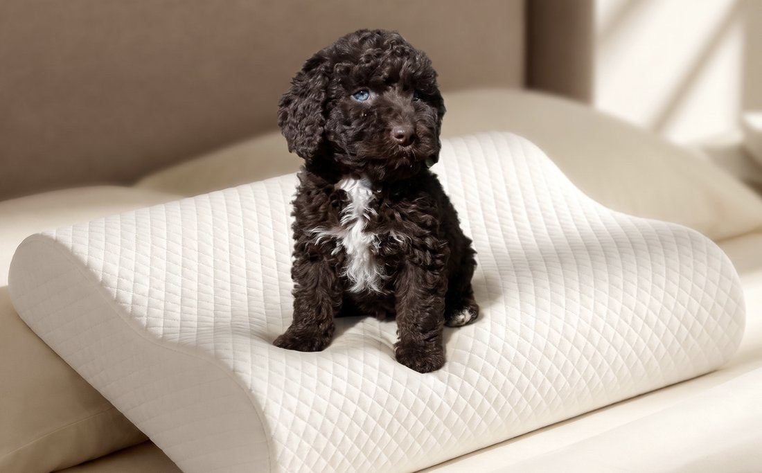 A curly-coated puppy sitting on the Nottera Crescent pillow