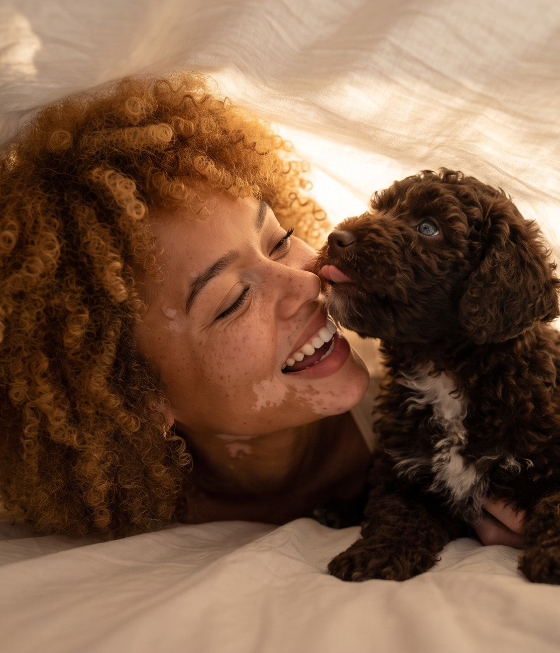 Woman smiling under the sheets with her small dog, morning light