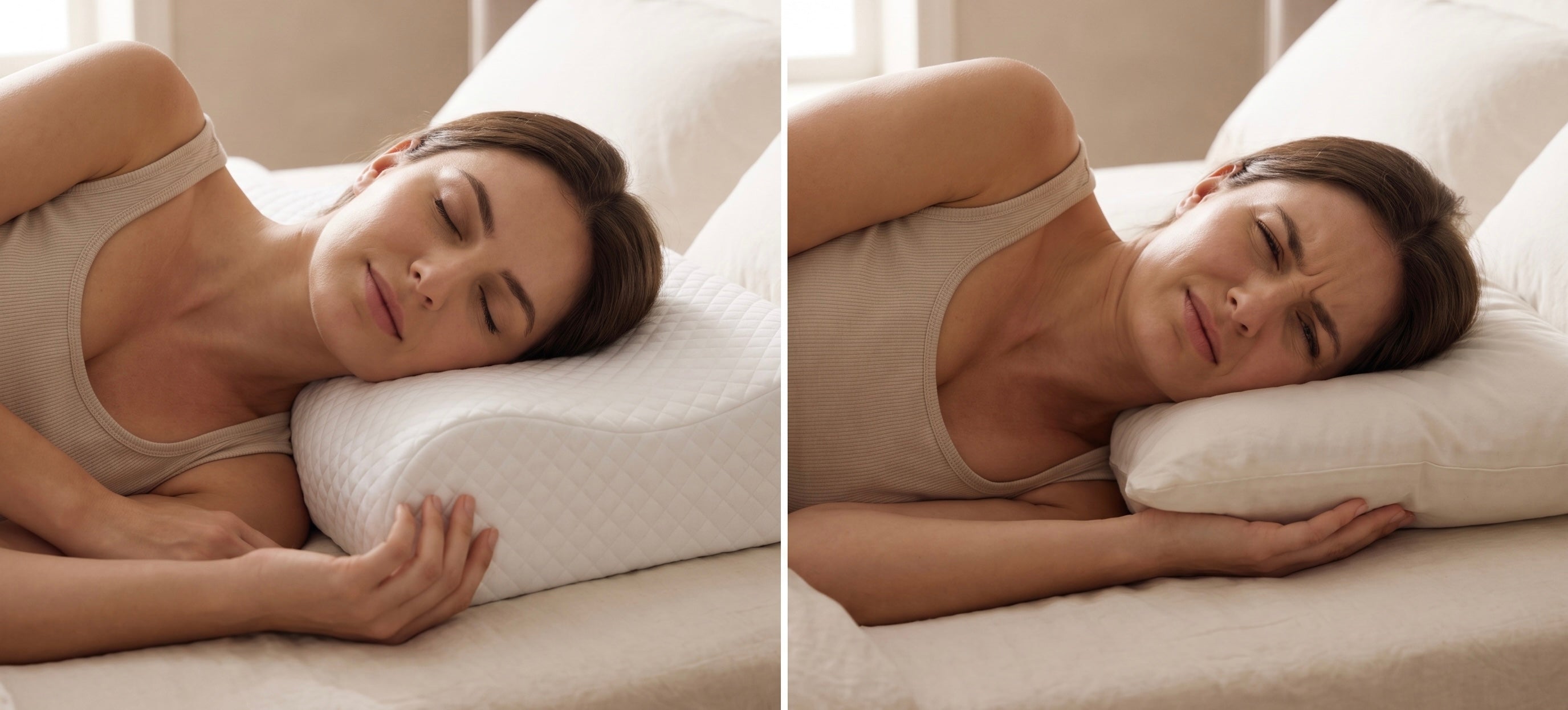 Split comparison: a woman sleeping relaxed on a Nottera pillow versus tense on an ordinary pillow